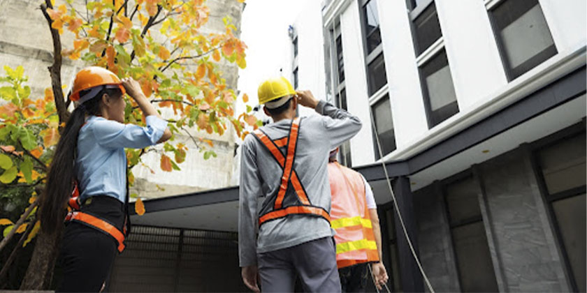 equipe de manutenção predial equipada com EPIs olhando para um prédio