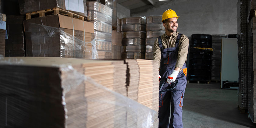 colaborador equipado com todos os EPIs necessários carregando um palete em um armazém