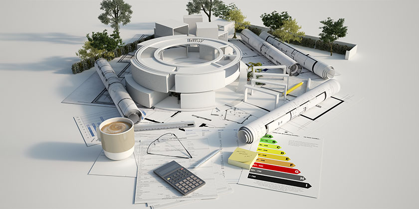 modelo de um projeto institucional com objetos que remetem à eficiência energética ao seu redor