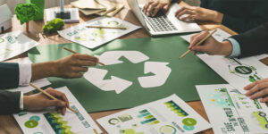 Empresários em reunião discutindo ações para aumentar a sustentabilidade nas práticas da empresa com um símbolo da reciclagem no centro da mesa.